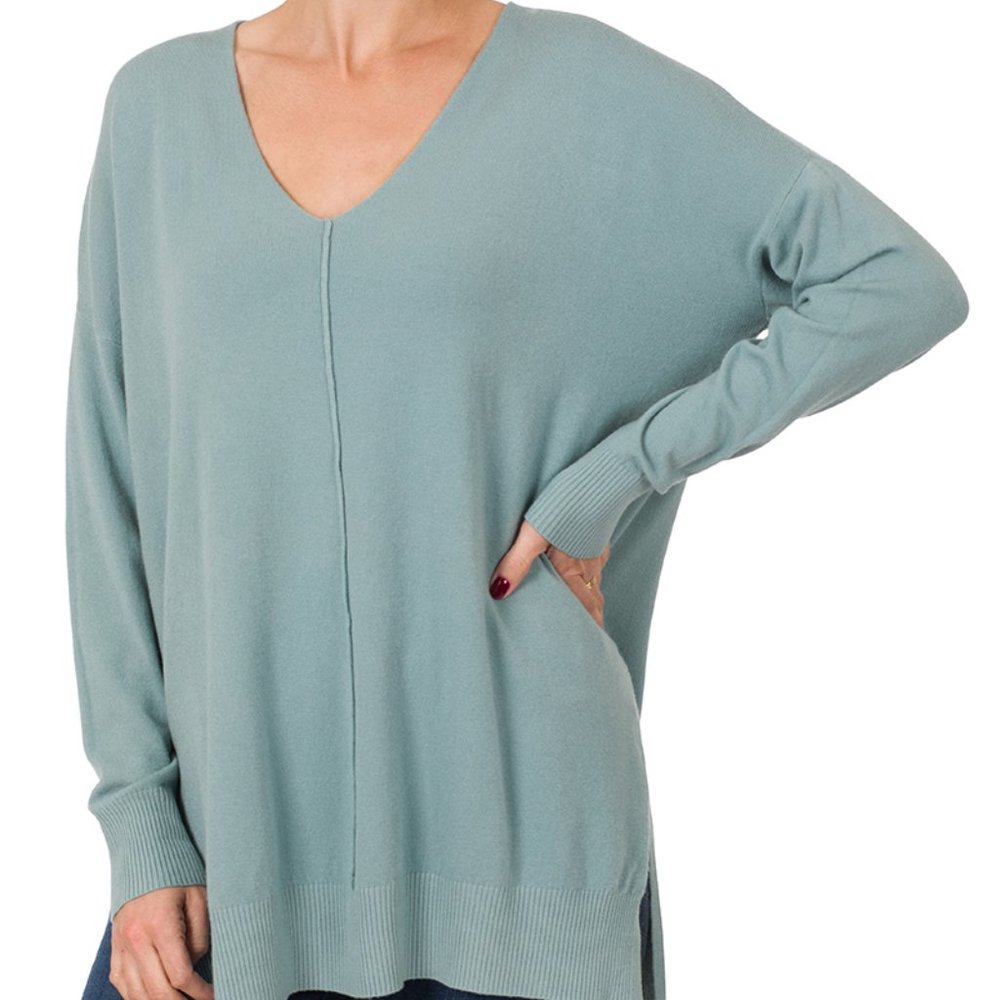 Brand New Zenana Long Sleeve Blue Grey V Neck Hi Low Sweater